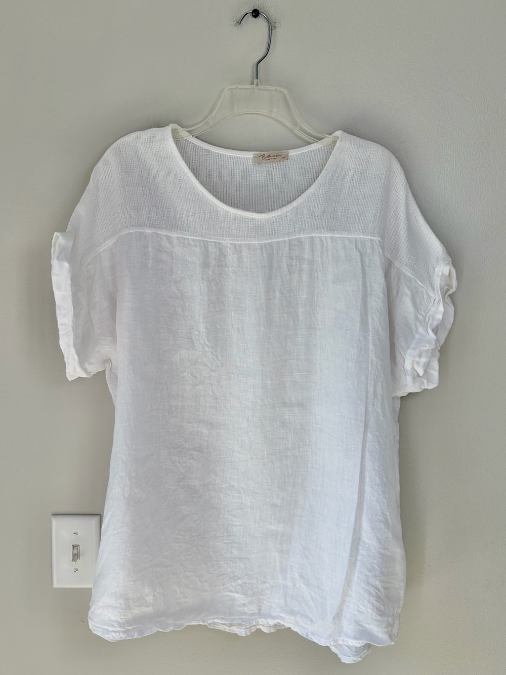 Bellambra White Mixed Media Linen Short Sleeve Blouse Shirt Lagenlook Coastal